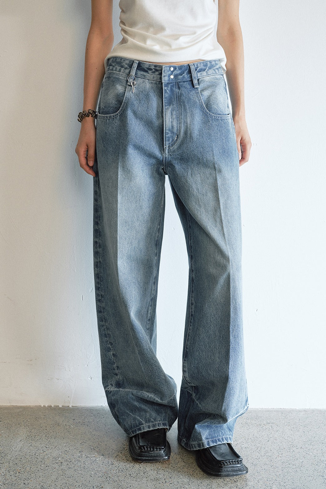 100% cotton straight-leg seams washed jeans | 2 color