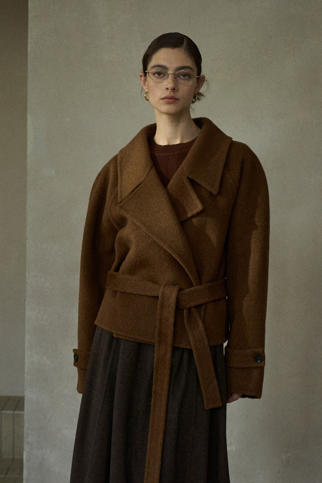 Wool-silk-camel hair cropped jacket with a belt | 3 color