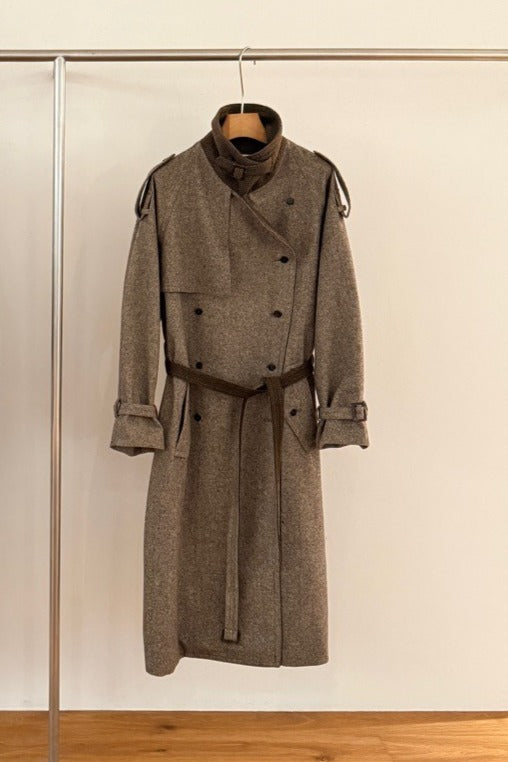 Wool blend contrasting lapel gabardine trench coat | 2 color