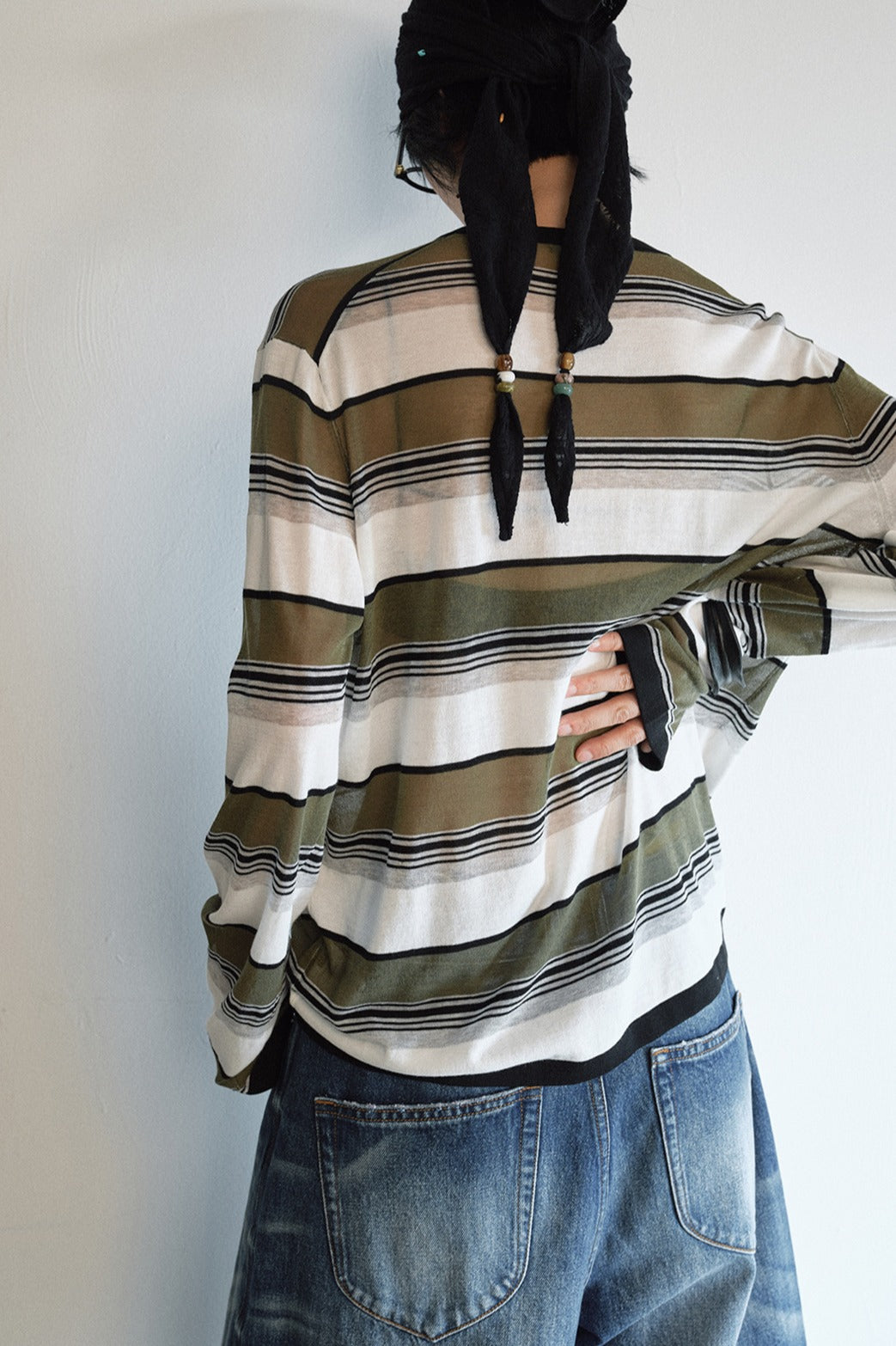 Lightweight slightly sheer stripe knit T-shirt | 4 color