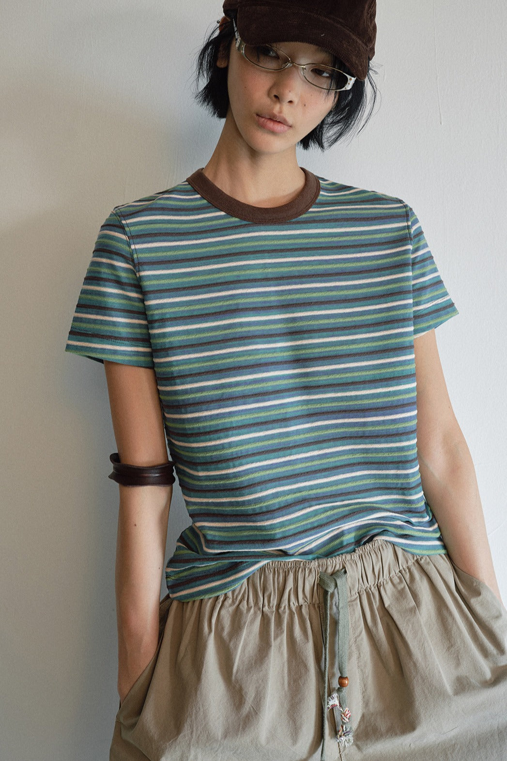 Cotton blend retro style stripe T-shirt | 2 color