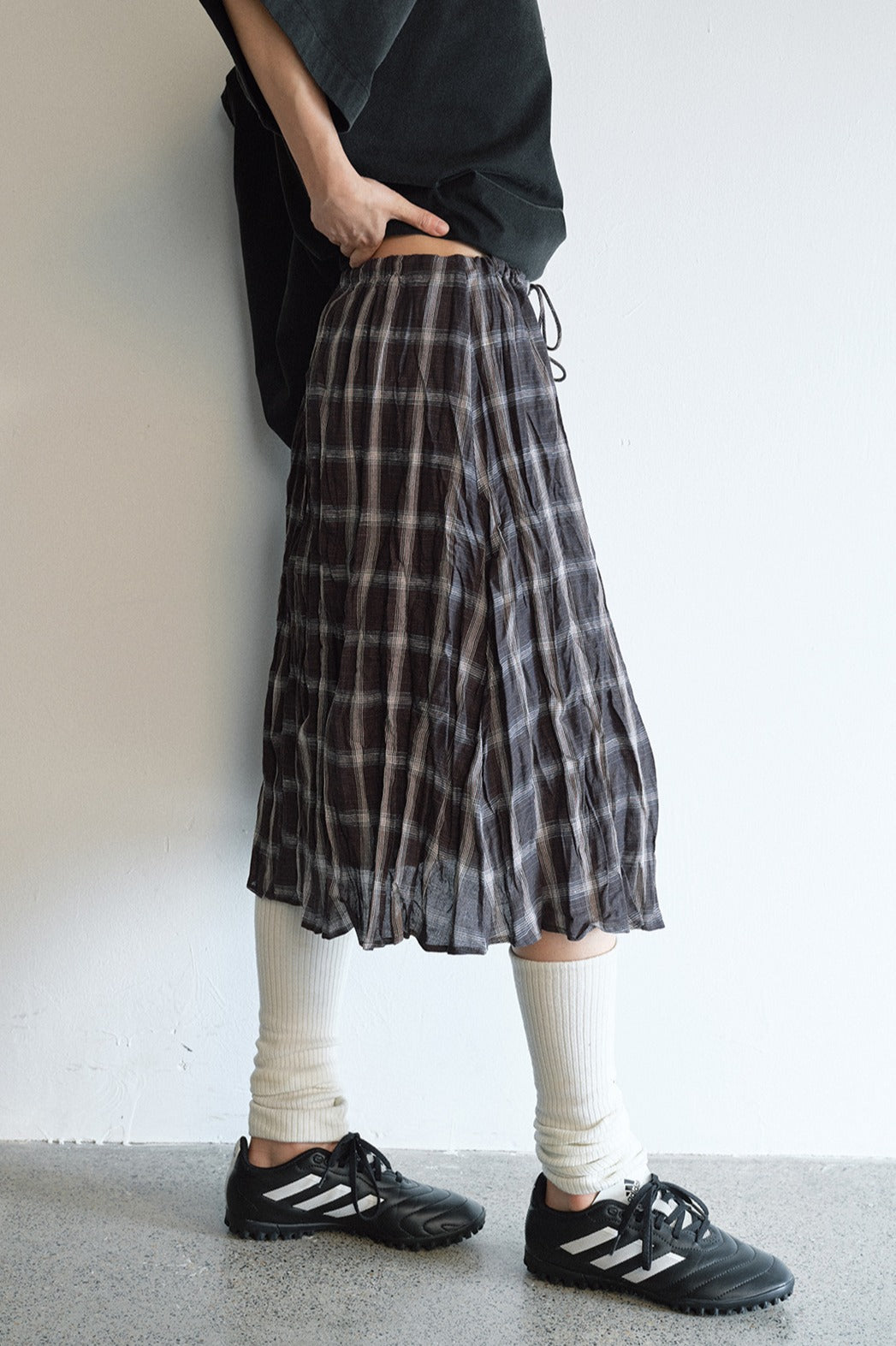 Linen-cotton crinkled elastic waist check skirt | 2 color
