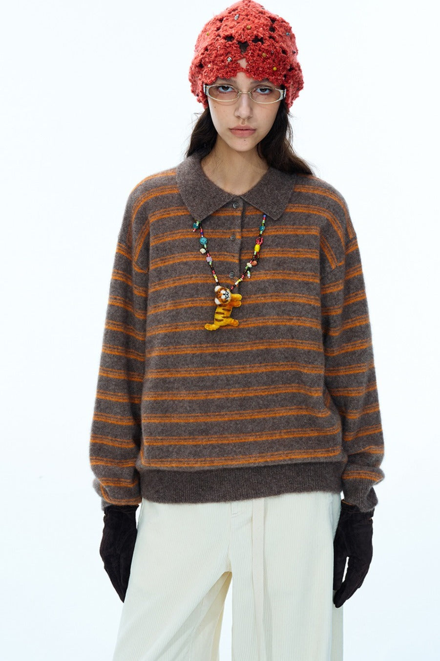 Wool blend loose-fit striped polo sweater | 4 color