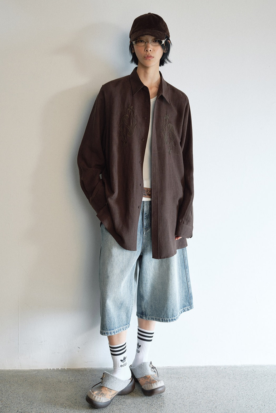 Linen blend relaxed-fit embroidery shirt | 3 color