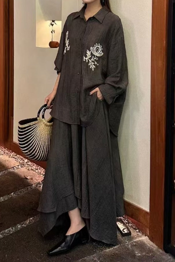 Linen containing flowing charm irregular hem skirt | 2 color