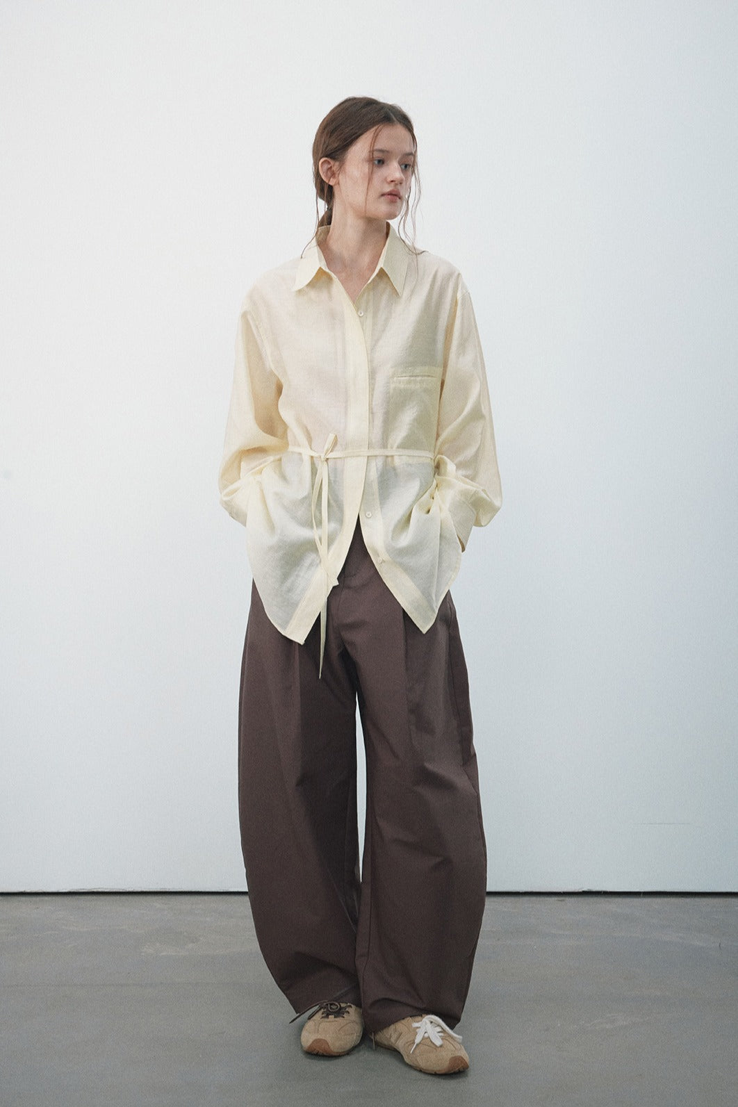Lyocell blend semi-sheer mid-length shirt | 5 color