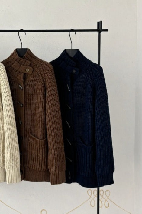 Chunky knit horn buttons mid-length cardigan | 4 color