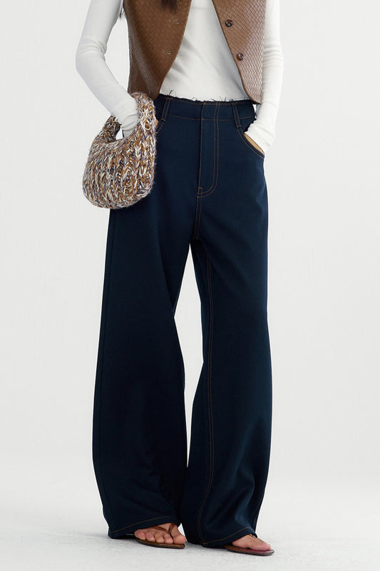 Structured sharp straight-leg raw-waistline stitching jeans