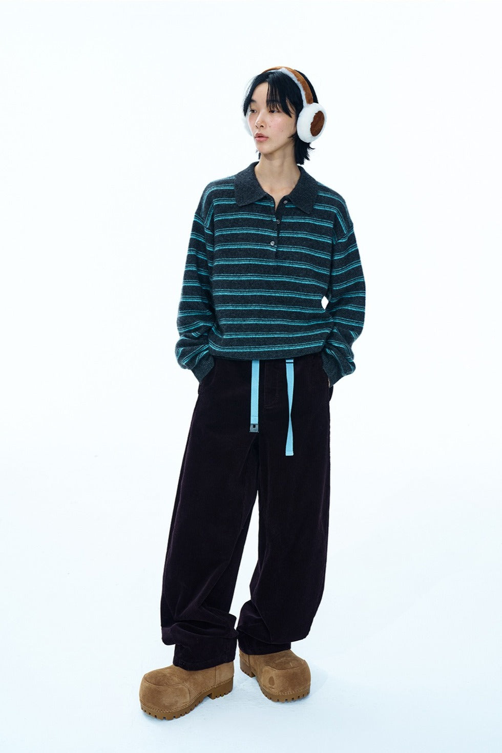 Wool blend loose-fit striped polo sweater | 4 color