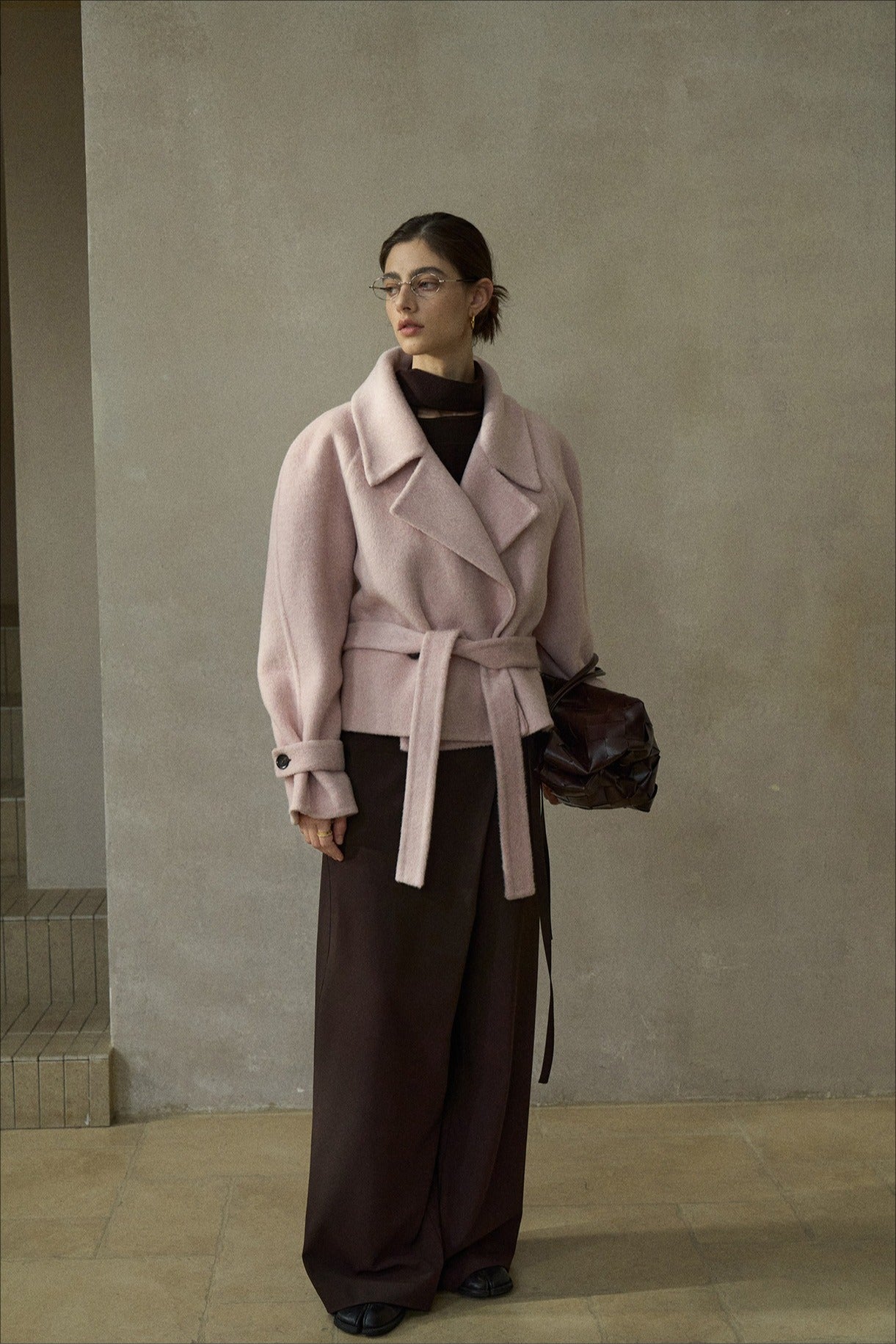 Wool-silk-camel hair cropped jacket with a belt | 3 color