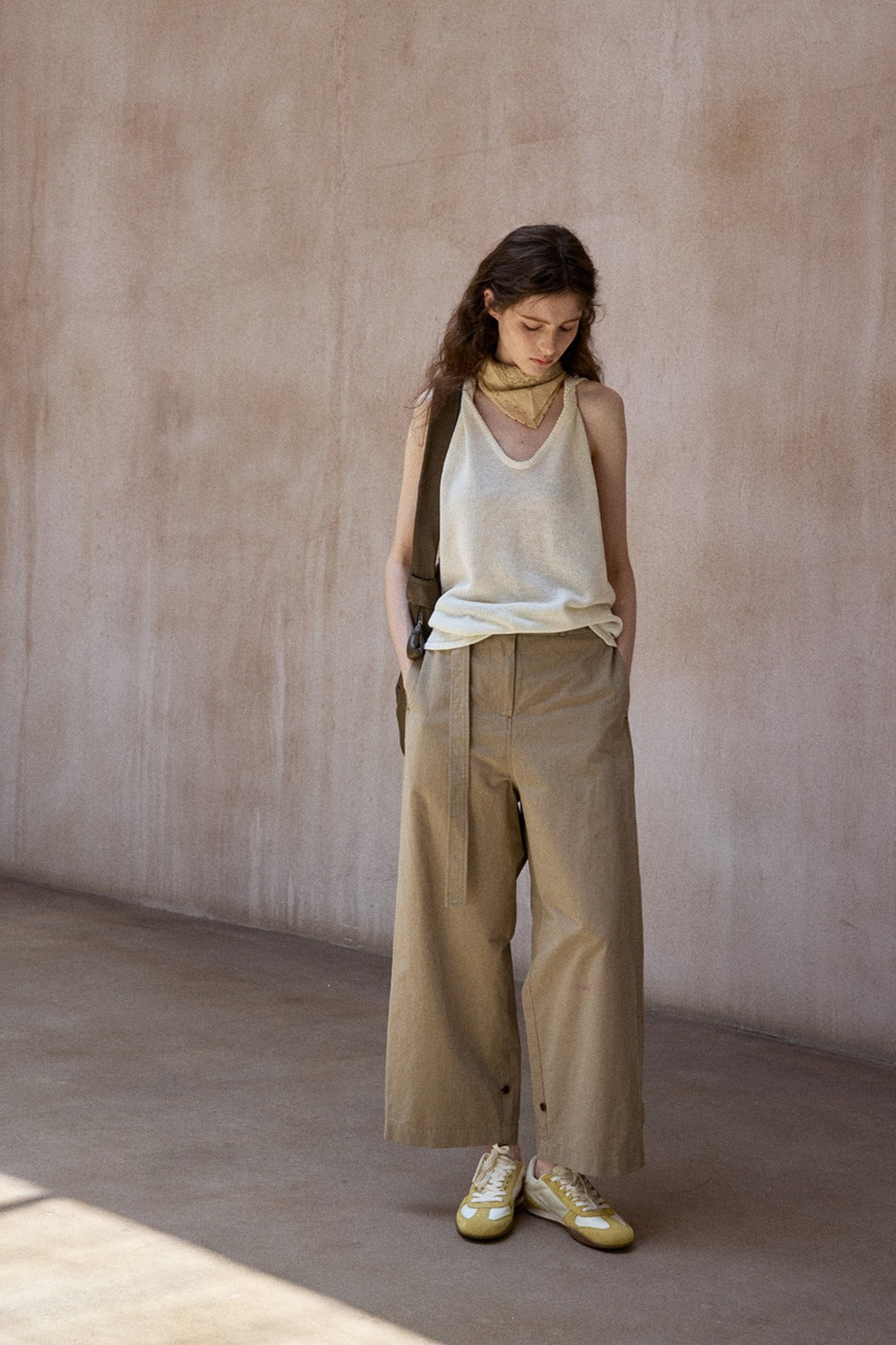 Cotton blend comfortable straight-leg pants with a belt | 3 color