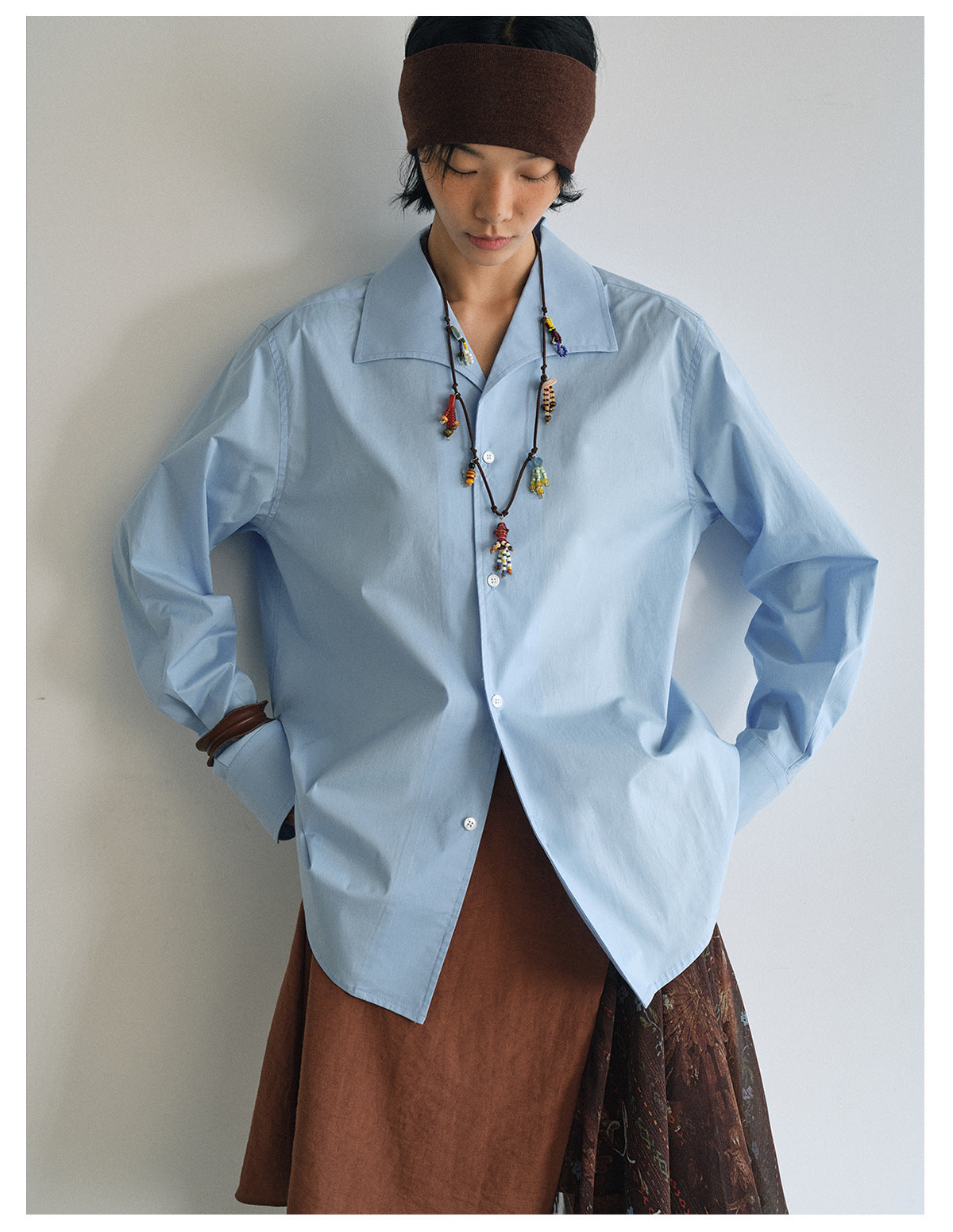 Cotton large lapel collar loose-fit shirt | 2 color