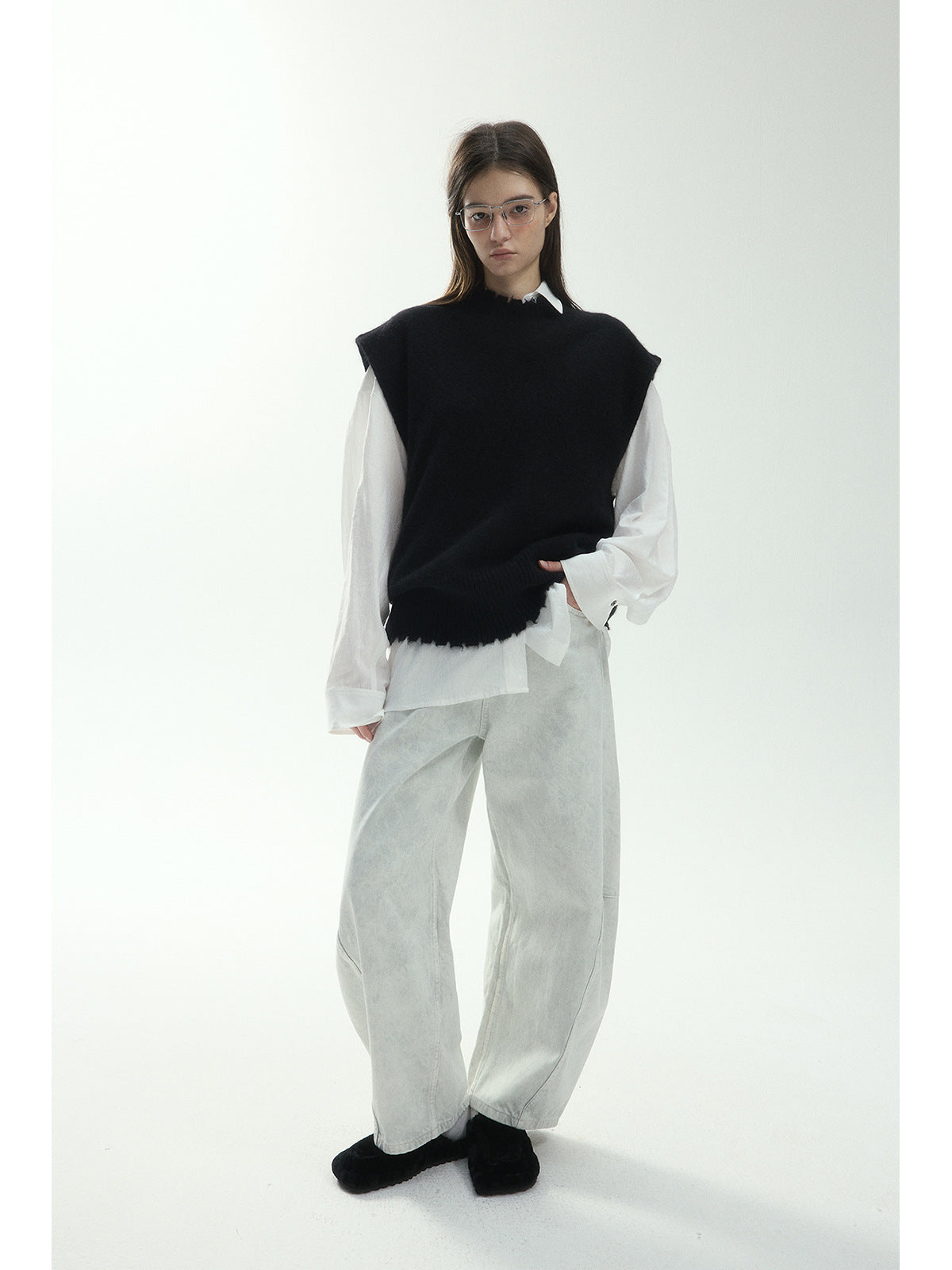 Wool blend yak down raw-edge loose vest | 3 color