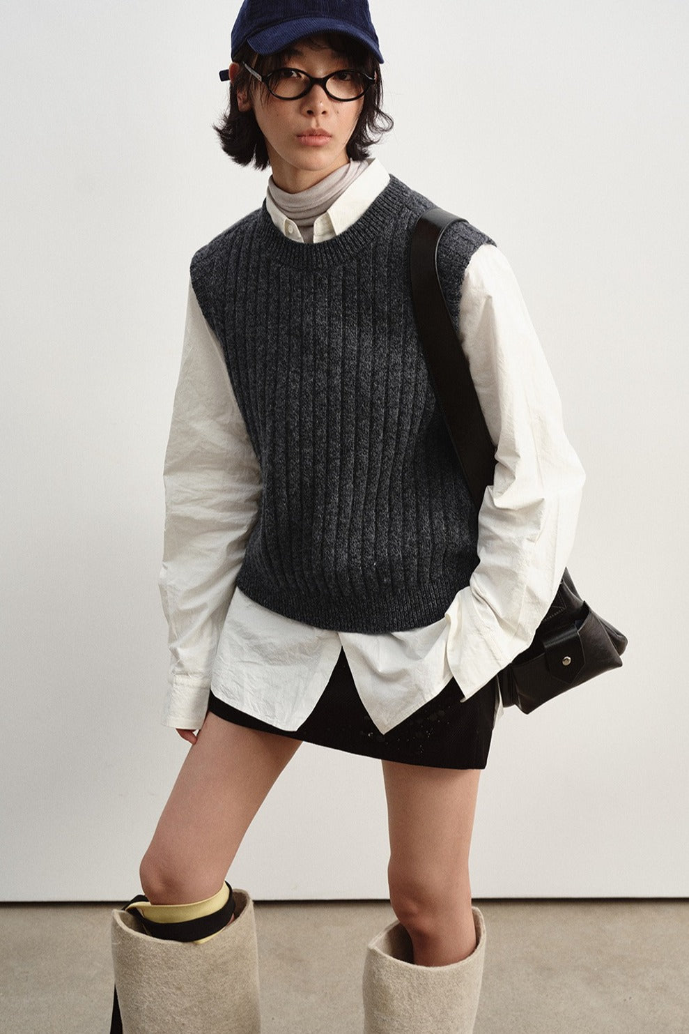 100% wool chunky texture rib vest | 4 color