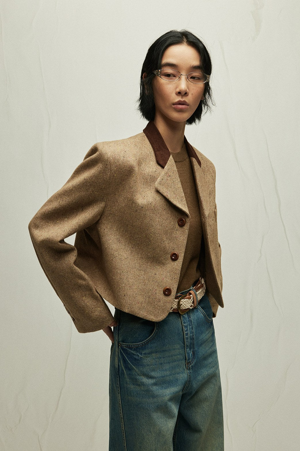 Wool blend patchwork cropped jacket | 2 color