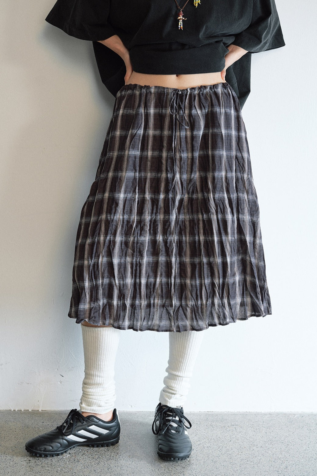 Linen-cotton crinkled elastic waist check skirt | 2 color
