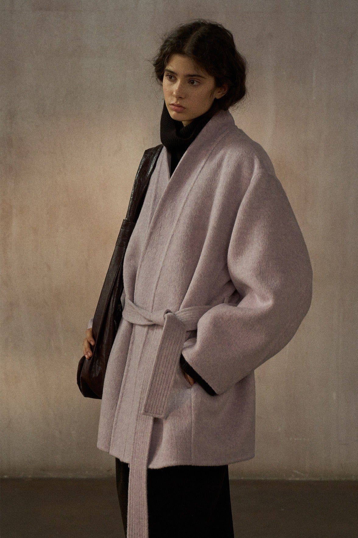 Wool-silk-angora double-faced fabric robe stule coat | 3 color