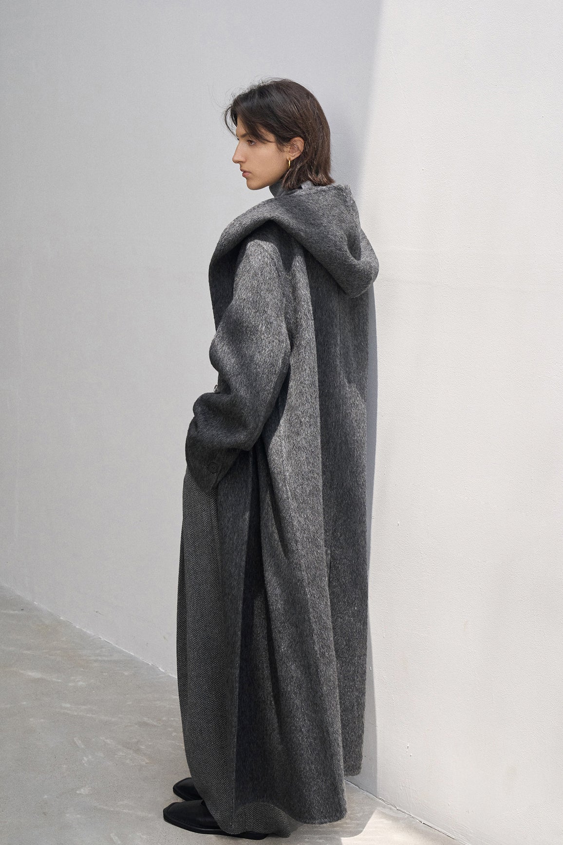 Wool blend alpaca double-sided hooded over coat dark grey