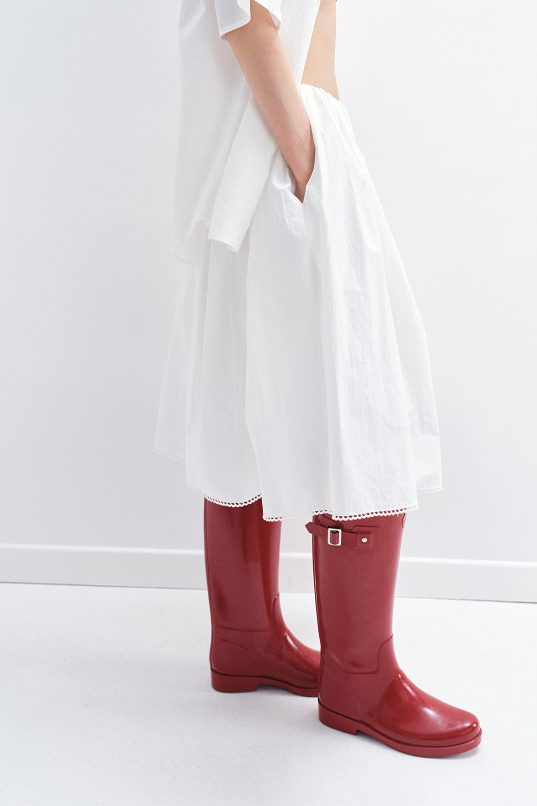 Textured cotton midi skirt with lace trim | 4 color