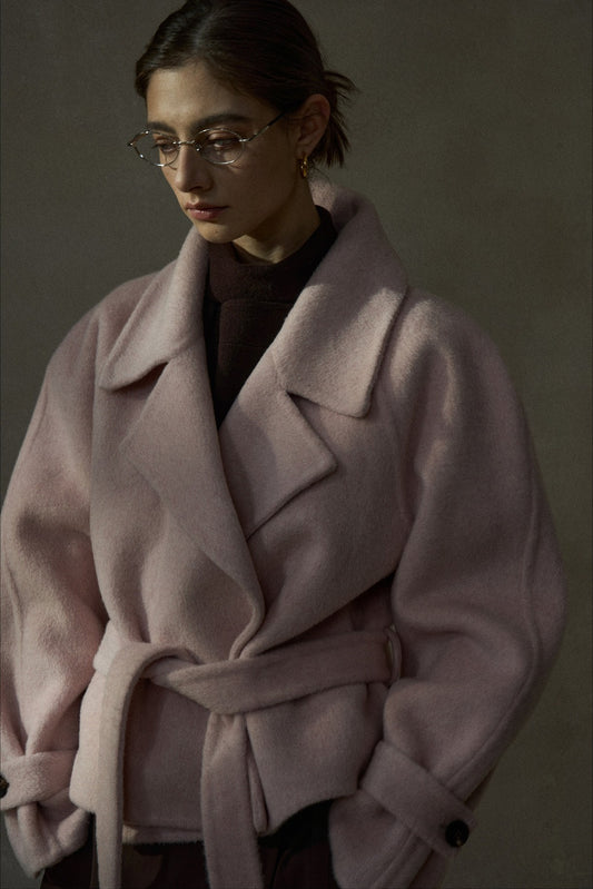 Wool-silk-camel hair cropped jacket with a belt | 3 color