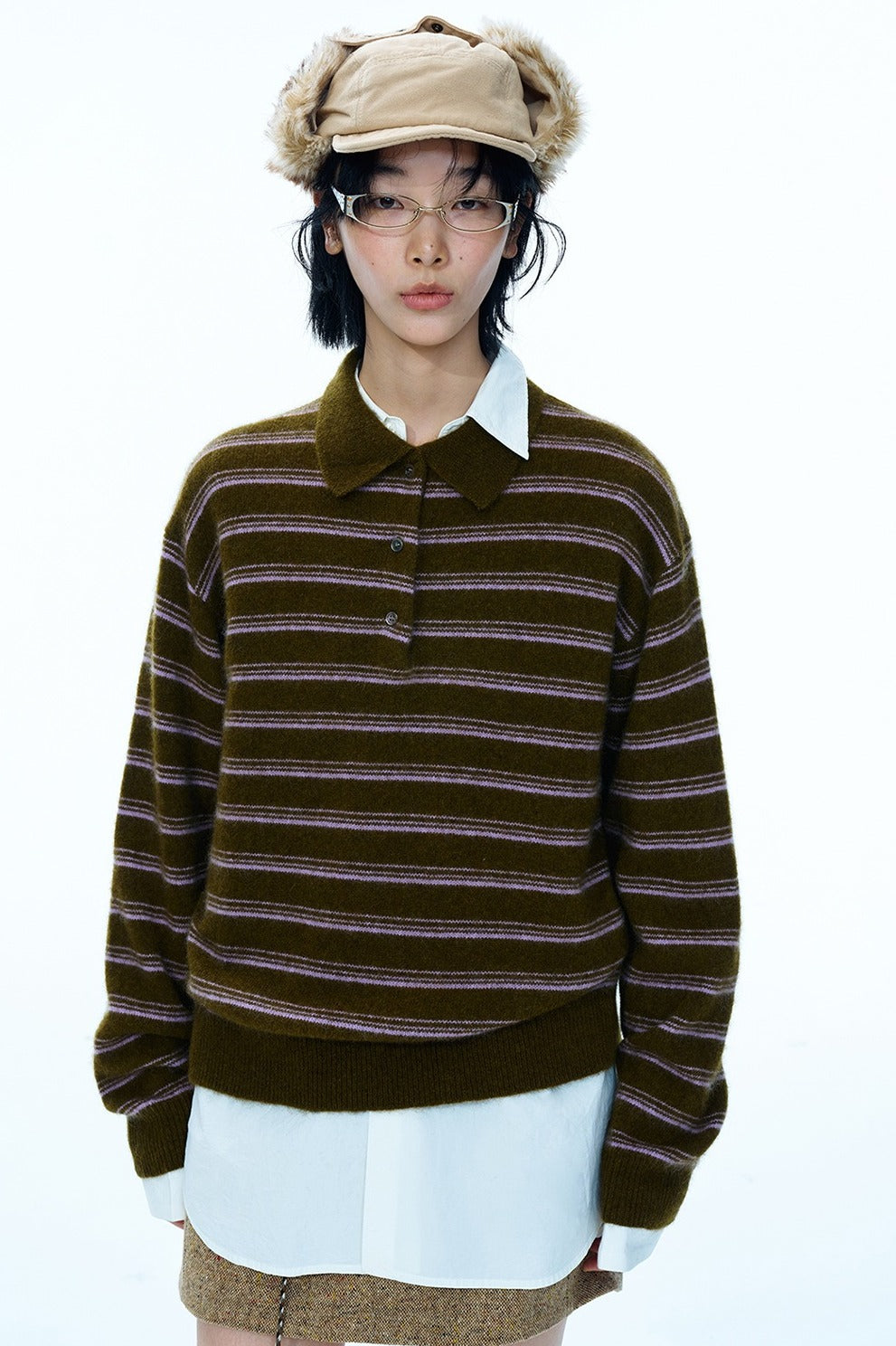 Wool blend loose-fit striped polo sweater | 4 color