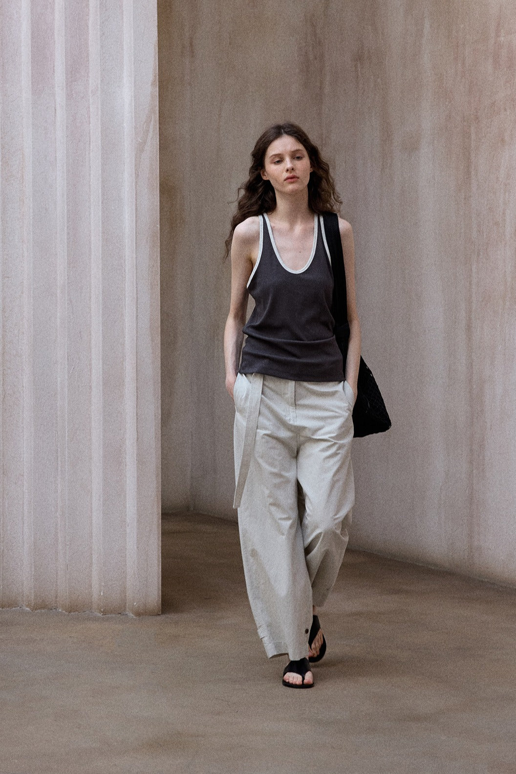 Cotton blend comfortable straight-leg pants with a belt | 3 color