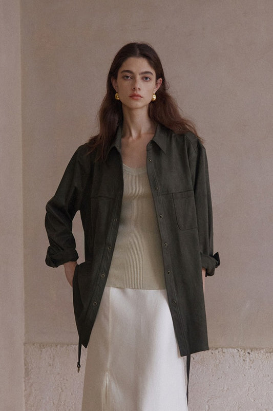 Elastic mid-length suede feel drawstring waist shirt-jacket | 3 color