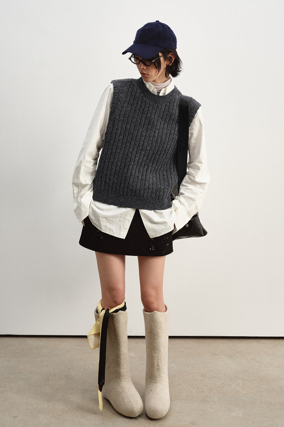 100% wool chunky texture rib vest | 4 color