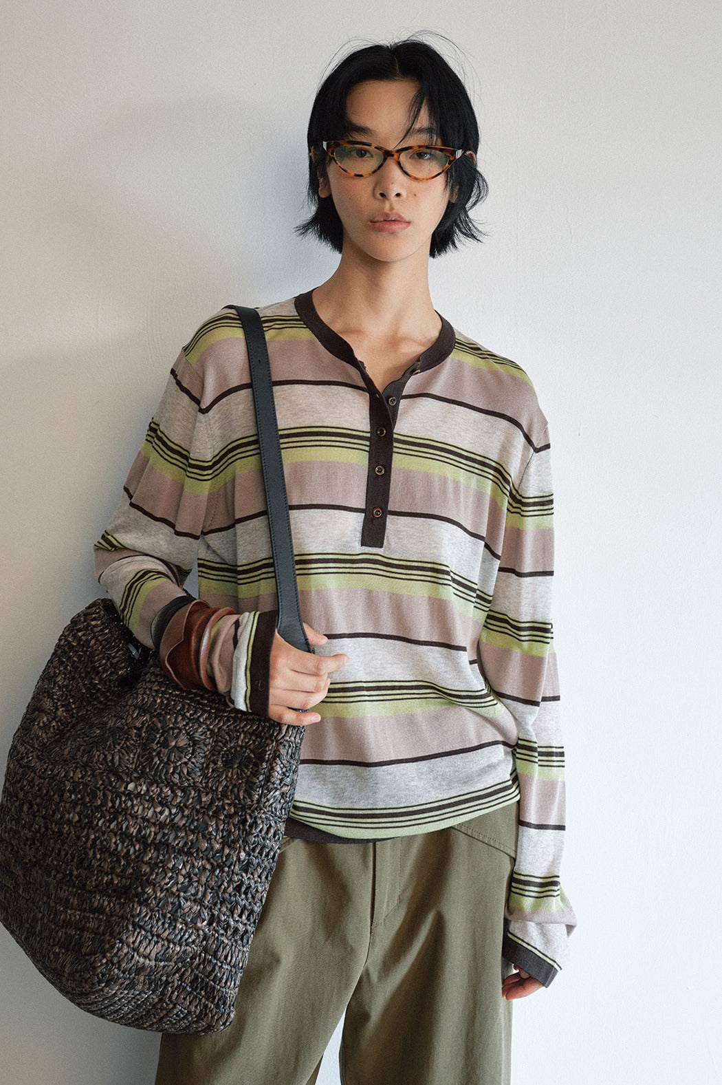 Lightweight slightly sheer stripe knit T-shirt | 4 color