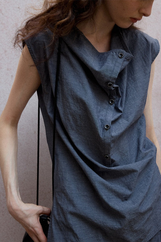 Cotton blend linen diagonal front vest shirt | 2 color