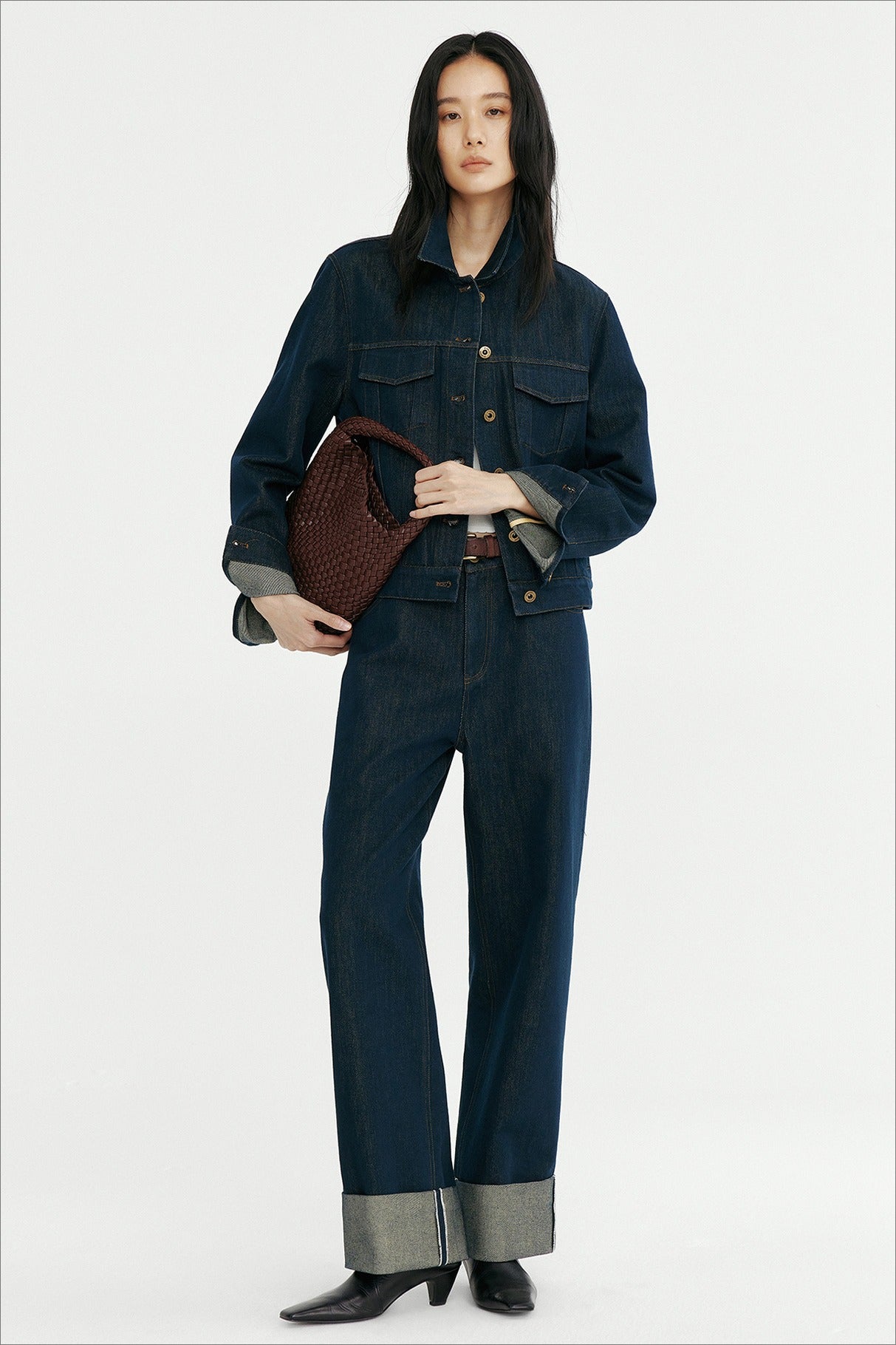 Cotton blend straight leg folded cuff jeans
