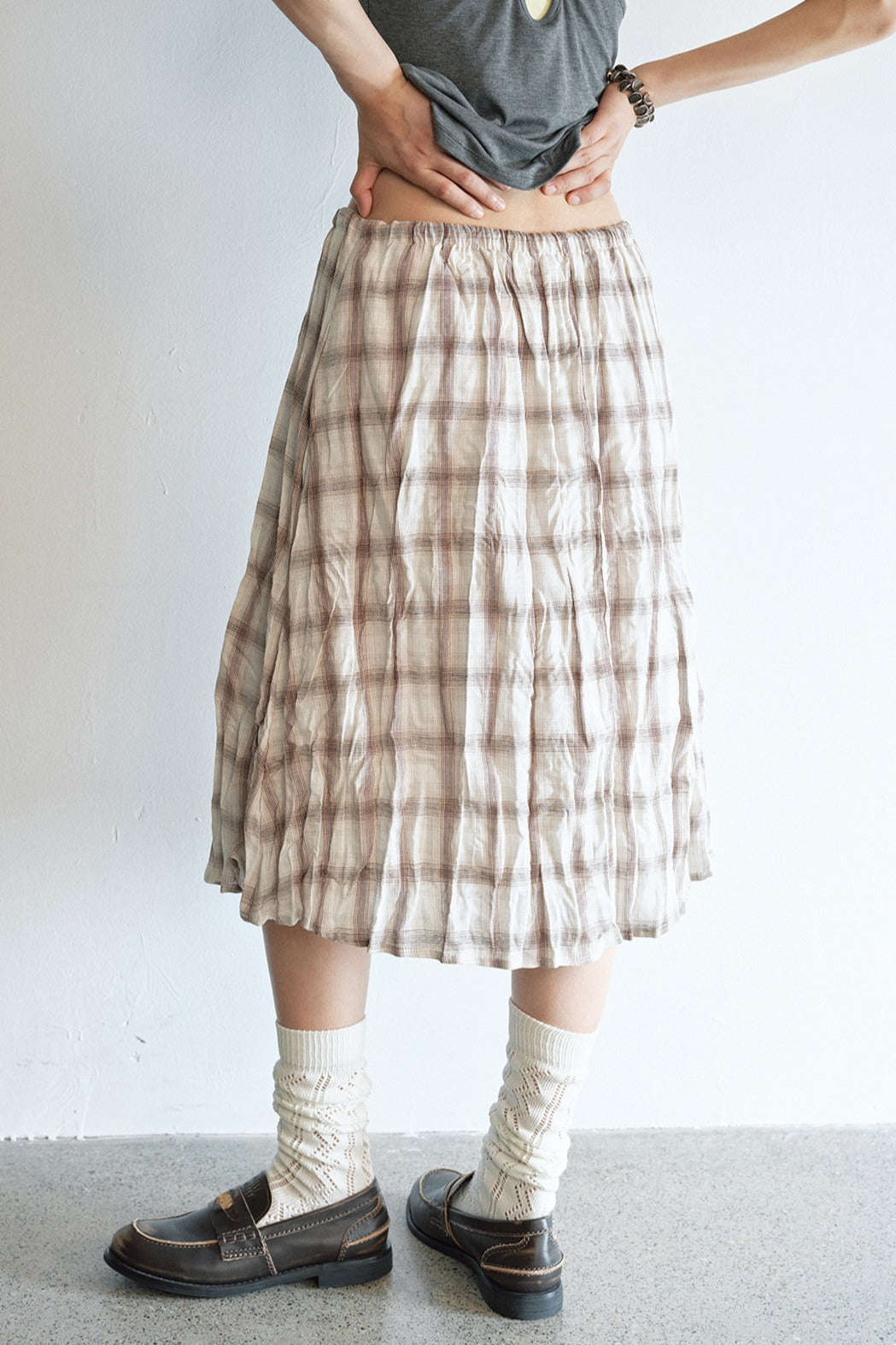 Linen-cotton crinkled elastic waist check skirt | 2 color