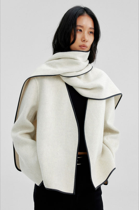 Wool-cashmere-silk loose fit V-neck jacket with a scarf