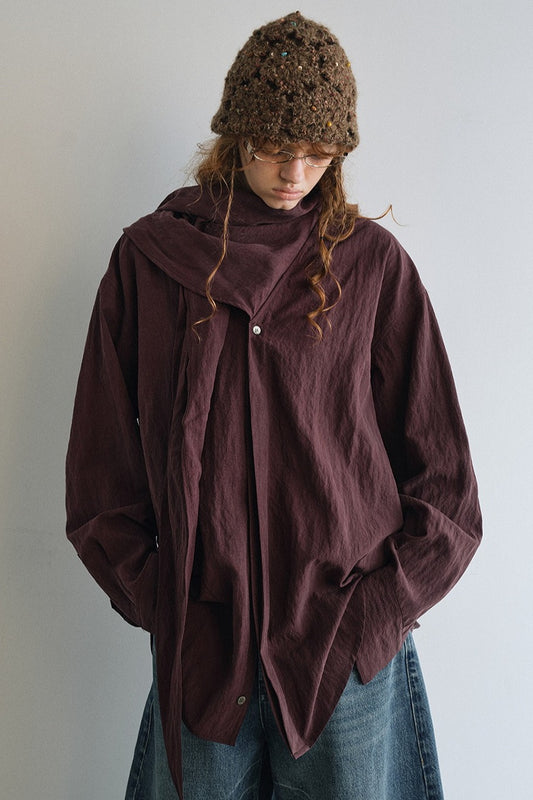 Lyocell-cotton scarf collar loose V-neck shirt | 3 color