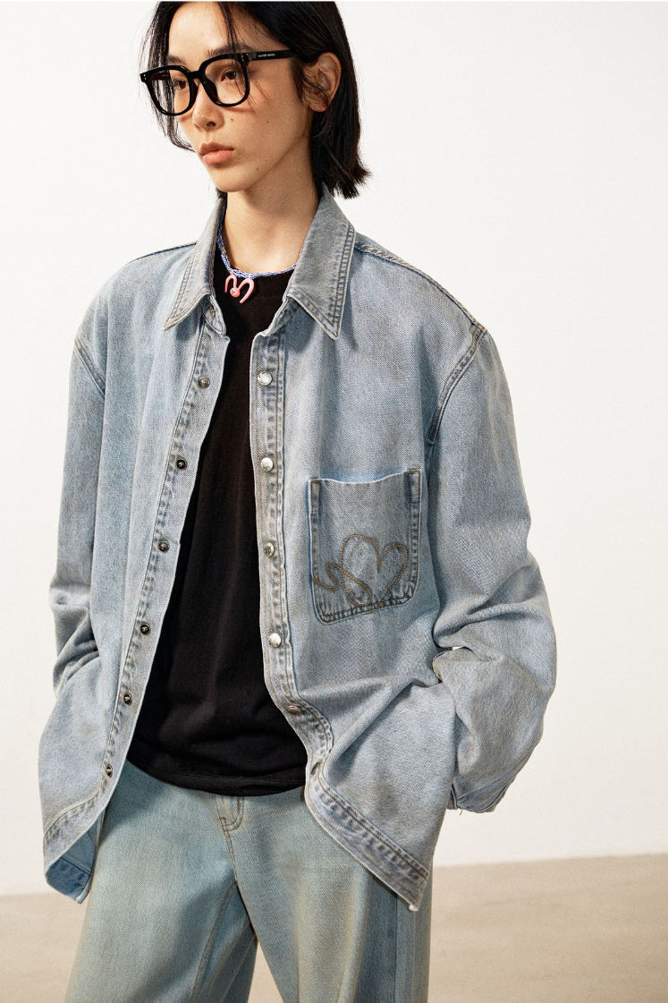 Cotton blend tencel dirty washed denim shirt | 2 color