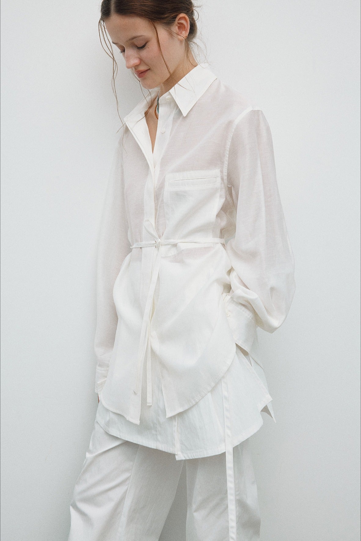 Lyocell blend semi-sheer mid-length shirt | 5 color