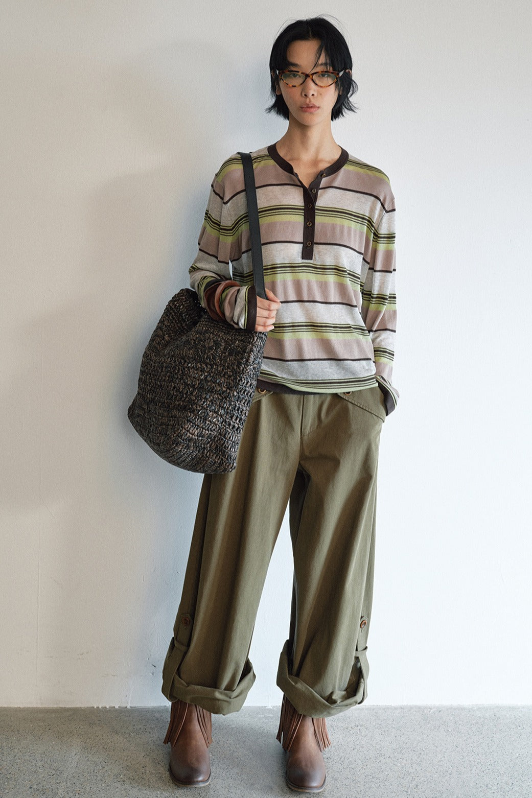 Lightweight slightly sheer stripe knit T-shirt | 4 color