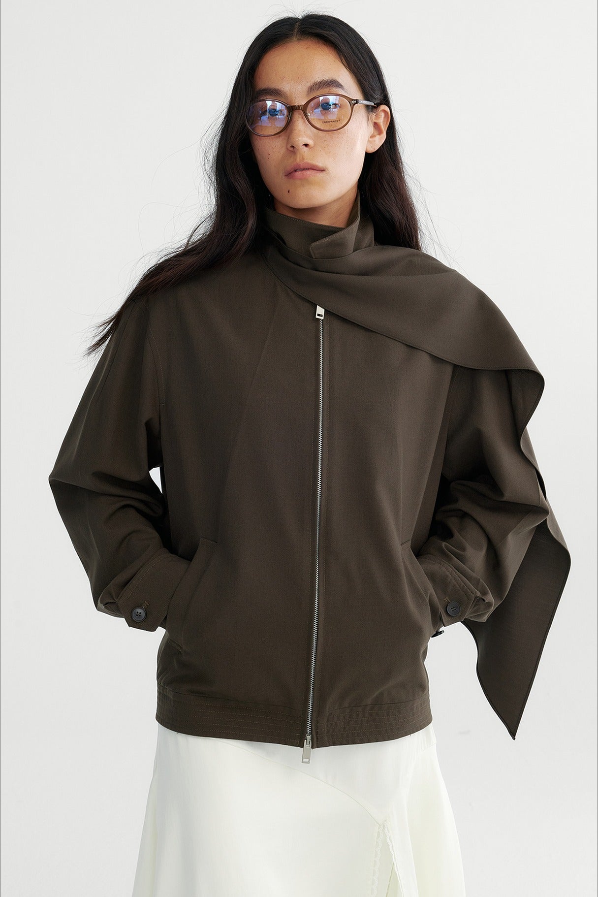 Wool containing detachable scarf chic trench jacket | 2 color