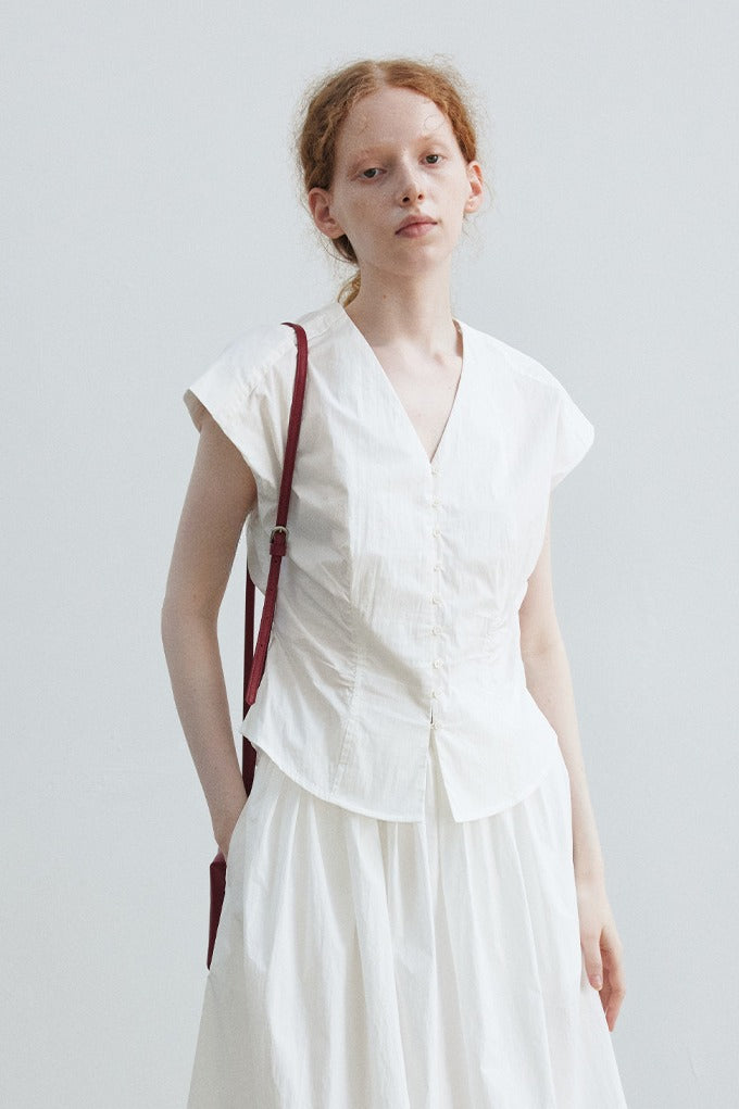 Cotton blend frying sleeve V-neck shirt | 4 color