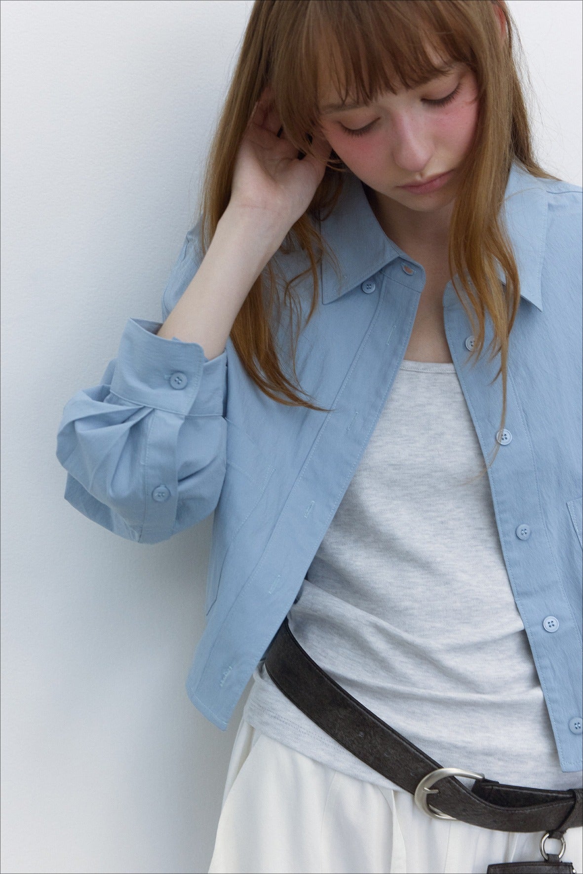 Cotton blend tactile texture cropped shirt | 4 color