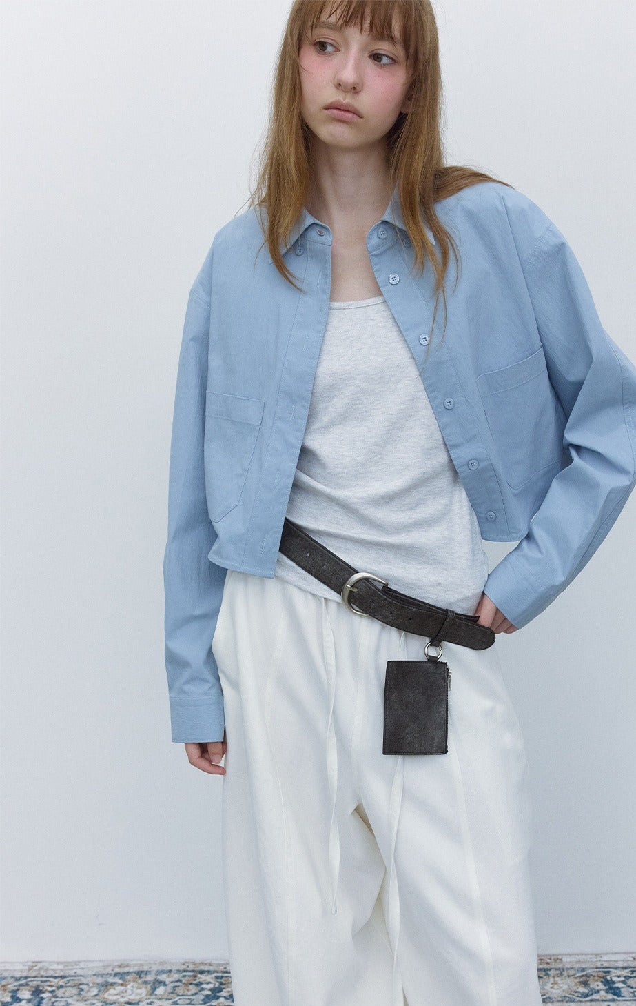 Cotton blend tactile texture cropped shirt | 4 color