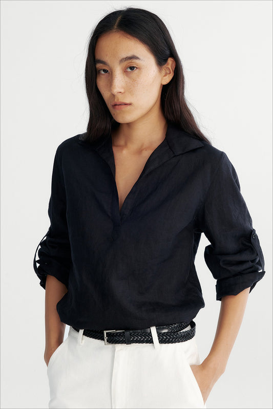 Hemp clean fit half-placket V-neck shirt | 2 color