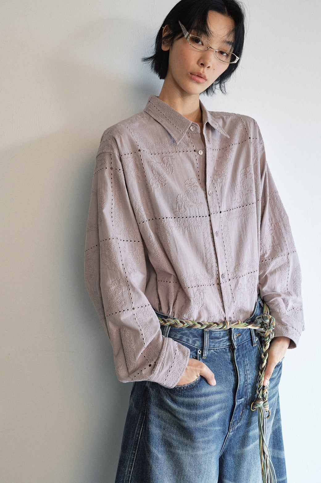 100% cotton cutout intricate embroidery shirt | 2 color