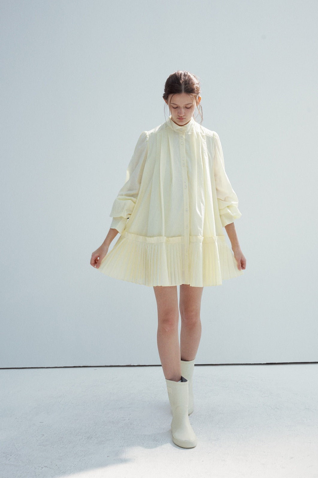 Cotton blend mid-length pleated tail dress | 4 color