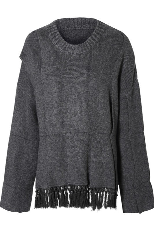 Suéter con flecos y estampado en capas de lana y mezcla de algodón | 4 colores