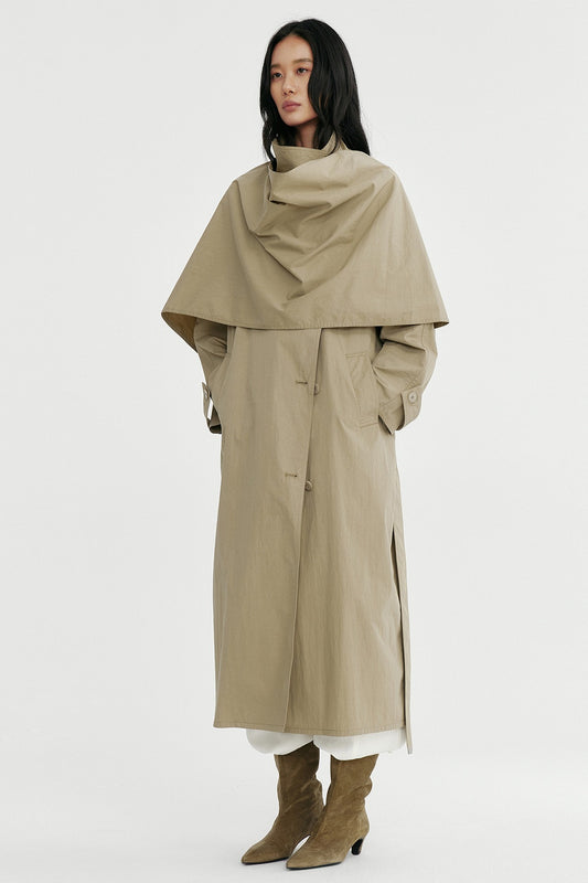 Cotton blend crinkled surface cape trench coat | 2 color