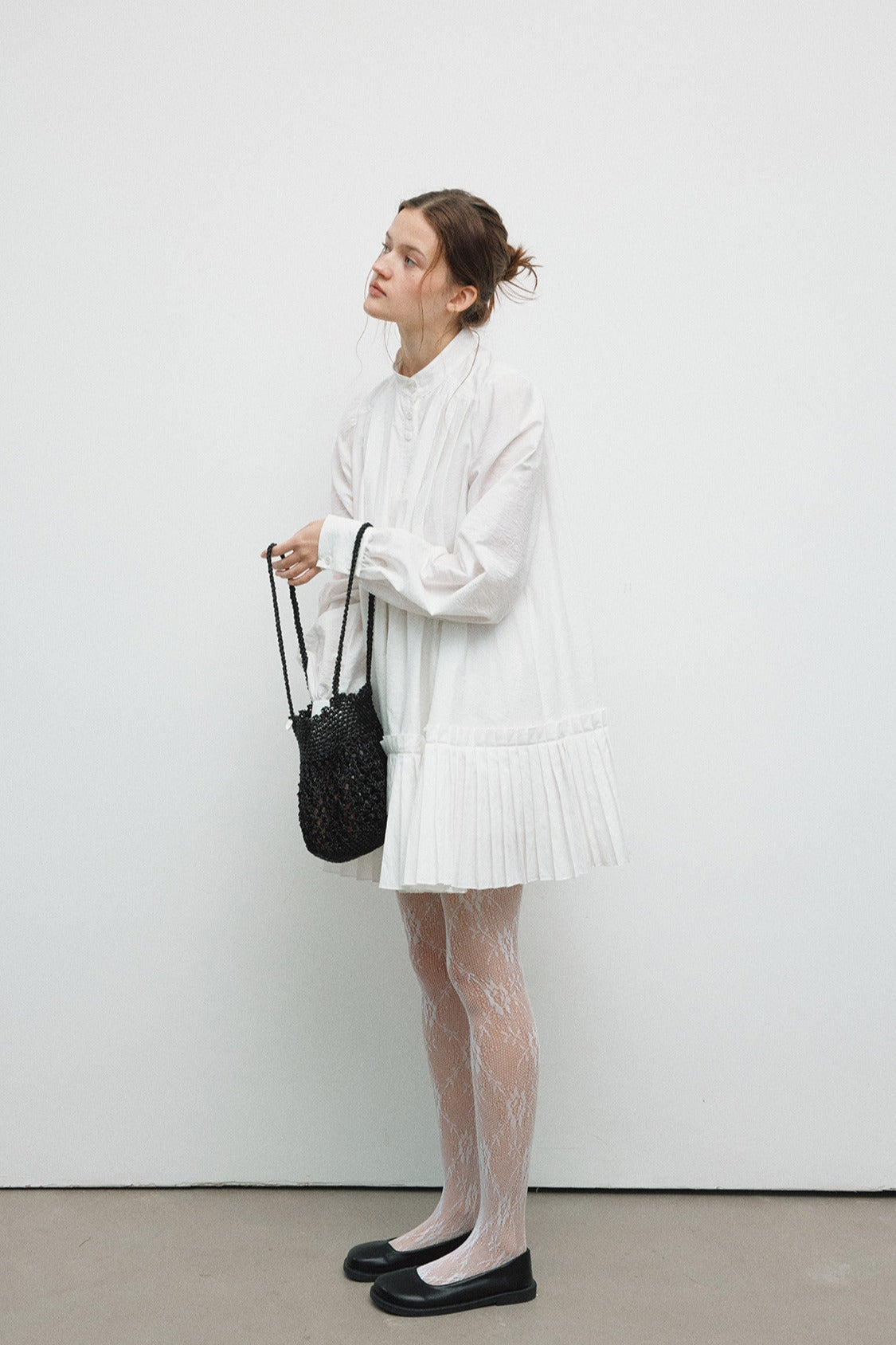 Cotton blend mid-length pleated tail dress | 4 color