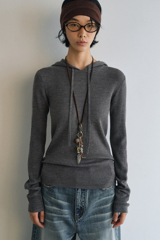 Wool blend rib hoodie slim knitwear | 5 color