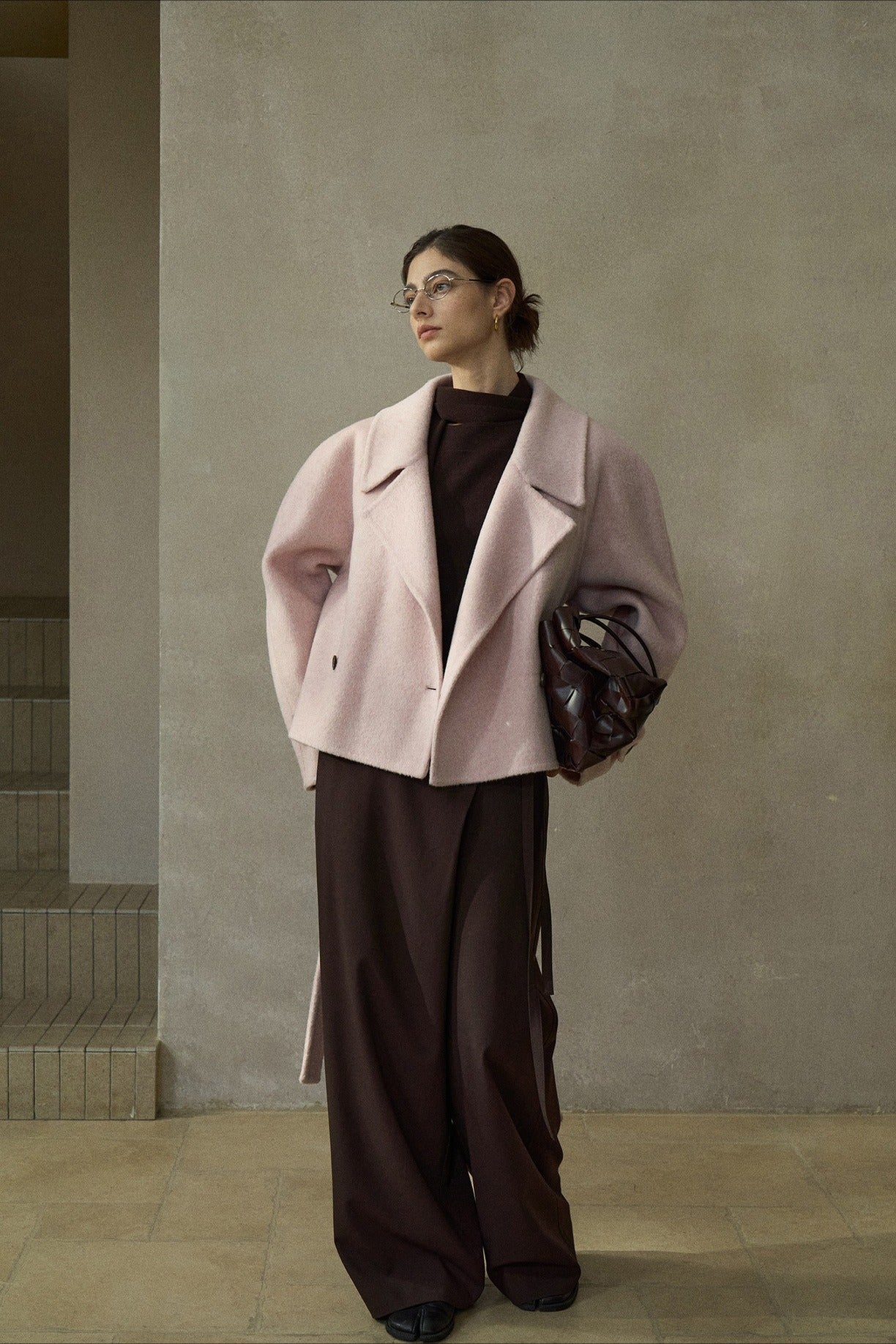 Wool-silk-camel hair cropped jacket with a belt | 3 color