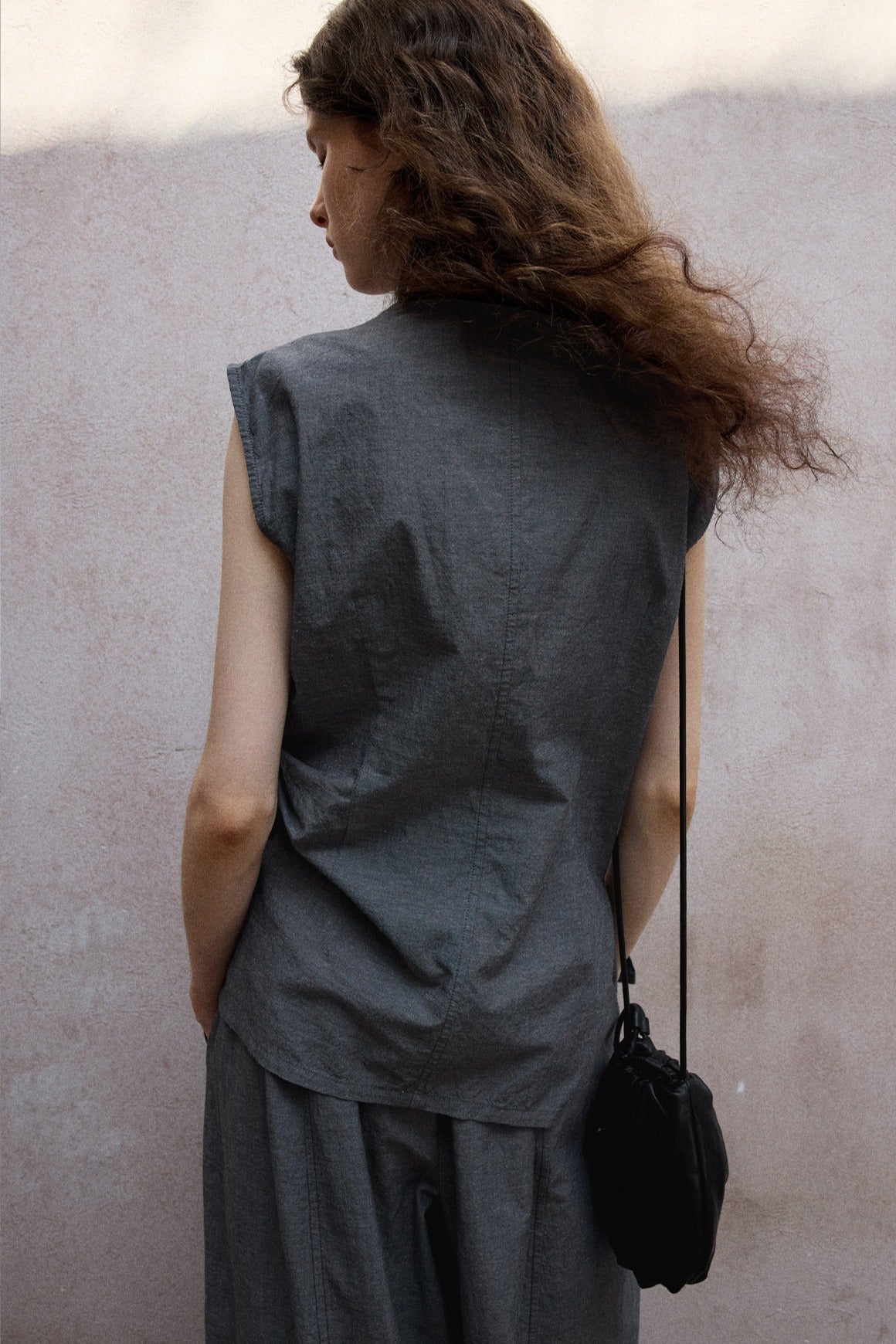 Cotton blend linen diagonal front vest shirt | 2 color